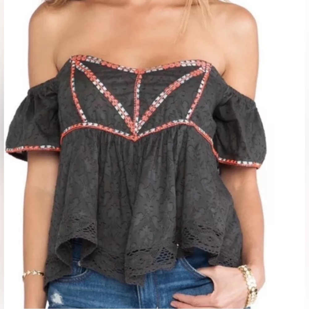 Free People Gray Folklore Lace Cross Straps Boho Gypsy Crop Festival Top S
